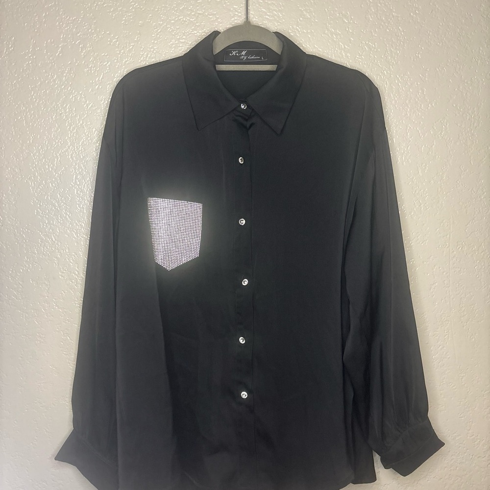Black fancy silk button down shirt Pocket Detail